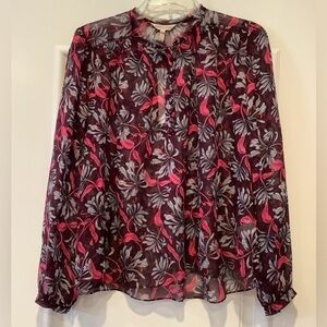 Rebecca Taylor Sheer 100% Silk Floral Blouse Top Size 0 Oversized Long Sleeves